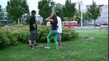 Preview 1 of Doble Sex Women And Men - Middle of a street public sex threesome with hot blonde teen girl Alexis Crystal