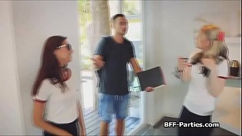 Preview 1 of Ballbusting He Cries - 3 coeds passing dick around