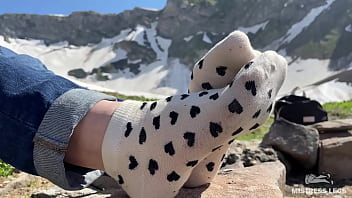 Preview 2 of Lebai Cium - Foot teasing in white socks and barefoot on the top of the mountain