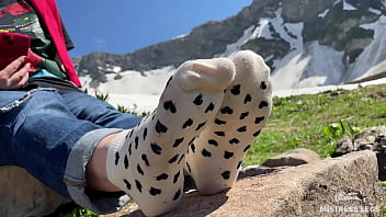 Preview 1 of Lebai Cium - Foot teasing in white socks and barefoot on the top of the mountain