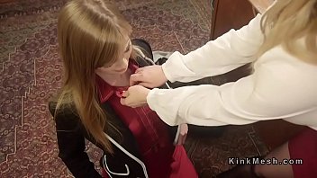 Preview 2 of Skinny Lesbians Finger Pussy - Brunette employee dominated in lesbian threesome