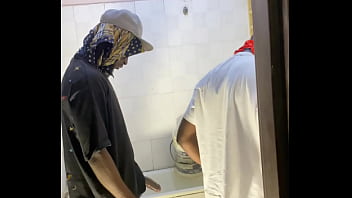 Preview 1 of Black Girls White Guy Threesome - met in the bathroom after sex to have a quick gay fuck