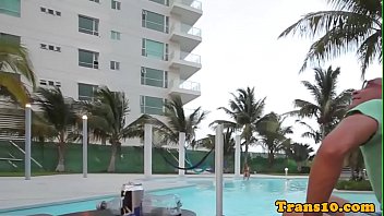 Preview 1 of Real Torpedo Boobs - Latina bikini tgirl pounded after giving head