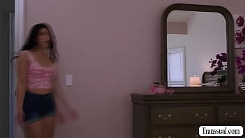 Preview 1 of Hot French Dolores - TS stepmommy fucks her hot stepdaughter on the bed