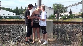 Preview 1 of Dogi Babaxxx - Facial cum in public sex threesome orgy on a hot MILF by 2 guys with big dicks