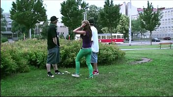 Preview 1 of Dikd Vifr - Cute y. girl Alexis Crystal public street sex gang bang orgy threesome