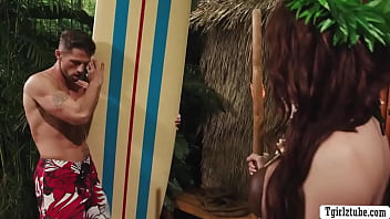 Preview 1 of Littil Baby First Time Porn - Lucky Surfer meets and fucks Shemale in the jungle
