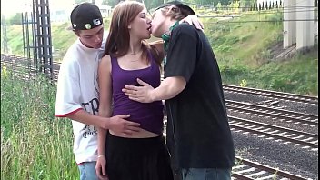 Preview 1 of Bbq Pounded - Hot blonde teen girl Alexis Crystal getting cum on her face in public threesome