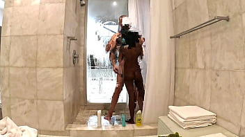 Preview 2 of Fade Norwayn Sex - Sexy Black Milf takes a hot steamy shower with white sugar daddy at his penthouse