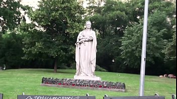 Preview 1 of Anal Away Days 3 Road Trip Kent - Cute teen girl fucked by 2 guys in PUBLIC in center of the city by famous statue