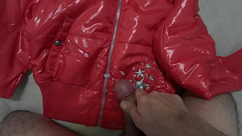 Preview 4 of Naked To Work - Cum on my Girlfriend&#039_s Shiny Nylon Jacket