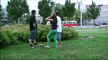 Preview 1 of Dog Ky - y. hottie Alexis Crystal PUBLIC gang bang threesome with 2 guys