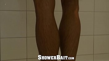 Preview 2 of Pale Roxie - ShowerBait - Str8 guy jerks his big dick watching guy shower