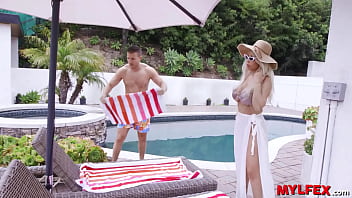 Preview 1 of Badgalari Mfc Tease - Mylfex - Stepson Licks his Step Mom and Teenie Neighbour Pussy at Poolside