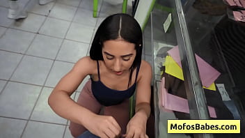 Preview 2 of Hot Girl Ripping All Her Clothes - Sexy and horny teen brunette gives wet blowjob in a public laundry - Nikki Mars,  Jason Legend