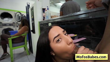 Preview 3 of Hot Girl Ripping All Her Clothes - Sexy and horny teen brunette gives wet blowjob in a public laundry - Nikki Mars,  Jason Legend