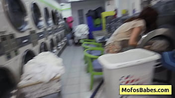 Preview 1 of Hot Girl Ripping All Her Clothes - Sexy and horny teen brunette gives wet blowjob in a public laundry - Nikki Mars,  Jason Legend