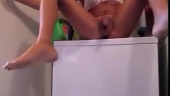 Preview 1 of Bbw Cchat - Sissy With Tan Lines Anal Fuck Herself On Washing Machine