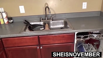 Preview 2 of Brother Sister Subtitles Sex - HD Little Young Petite Pussy Blonde Black Girl Is Cleaning Dishes Butt naked While Being Watched,  Freaky Babe Msnovember Standing In Kitchen With Huge Erect Nipples and Large Round areolas Jiggling On Sheisnovember