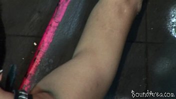 Preview 1 of Sloppy Pissing - Crucified gay youngster getting flogged and poked