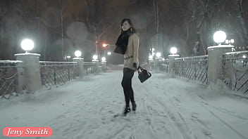 Preview 1 of Mummy Gf - Jeny Smith naked in snow fall walking through the city