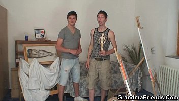 Preview 1 of Clit Porn Videos - Old granny pleases two young painters