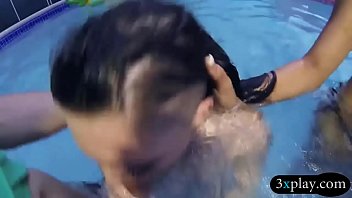 Preview 2 of Mera Hooks Up With Two Gyas - Teen besties give a wet blowjob and drilled by the pool