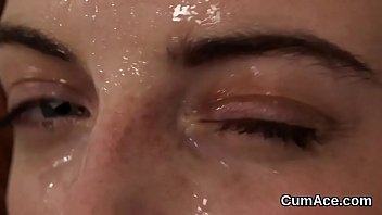 Preview 1 of Flat Chested Teen Lesbian - Frisky peach gets cumshot on her face eating all the ejaculate