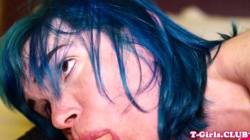 Preview 3 of Big Titts Chinese - Stockings tgirl sucked off by bluehaired ts