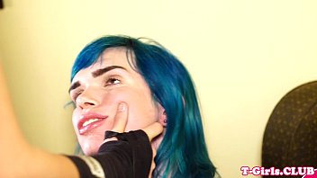 Preview 1 of Big Titts Chinese - Stockings tgirl sucked off by bluehaired ts
