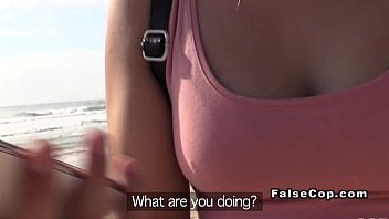 Preview 2 of Femme Noire Nue Sexy - Fake cop gets deep throat on the beach