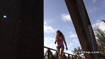 Preview 1 of Femme Noire Nue Sexy - Fake cop gets deep throat on the beach