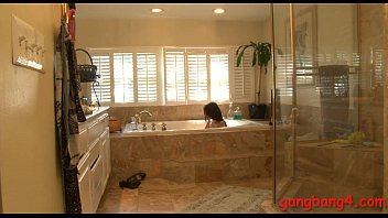 Preview 1 of Ballbust Mock - Sexy woman masturbates in the bathtub and DPed by BBC