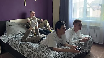 Preview 1 of Virgin Shemale Rape - Stepfather and stepson fuck twinks in their tight asses while they play the console