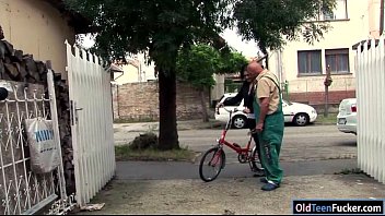 Preview 1 of Bareback Studios In Kitchen - Romanian Marsha Cortez sucks and fucking old bike repairman