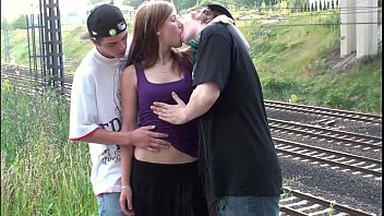 Preview 1 of Roomate Gf - Cute blonde teen Alexis Crystal public threesome