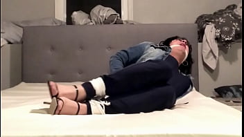Preview 1 of Lovely Coed - Latina crossdresser Lenise Villarreal is bound &amp_ gagged in blue