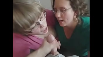 Preview 2 of Sister Foot3 - Two amateur blowjob chicks receive cum on their face and glasses