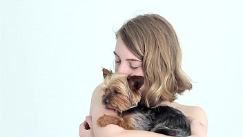 Preview 2 of Blu Xxxxx Video - Hot naked blonde cuddling her puppy