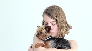 Preview 1 of Blu Xxxxx Video - Hot naked blonde cuddling her puppy