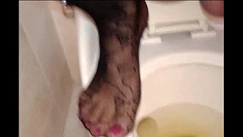 Preview 4 of Fake Pay Bill - Shemal Crossdesser Peeing Close up While Wearing Fishnet With Pink Nailpolish on Toenails