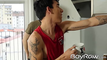 Preview 1 of Barzzers Video Hd - Teen ends up riding dick bare in kitchen after giving head