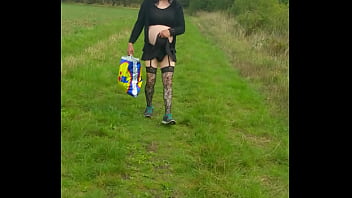 Preview 3 of Shemale Three Some Hard Fuck - crossdresser walking in public nearly gets seen and runs away