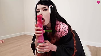 Preview 1 of Xxx Cid Daya Aur Serial - Kawaii Nezuko tries a huge horse dildo in her small mouth and tight pussy,  playing with a lot of cum