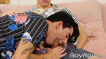 Preview 2 of Husband Share Mom - Inked tender man gives sloppy blowjob and rides big cock raw