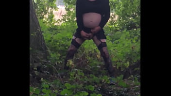 Preview 2 of I Know Youre Gay - crossdressing sissy shoots his load a long way in public woods