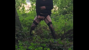 Preview 3 of I Know Youre Gay - crossdressing sissy shoots his load a long way in public woods