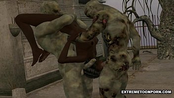 Preview 3 of Clen Baby Porn - 3D ebony babe double teamed outdoors by some zombies