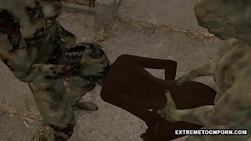 Preview 1 of Clen Baby Porn - 3D ebony babe double teamed outdoors by some zombies