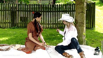 Preview 1 of Nude Big Wide Hips Woman - Beautiful brunettes Zoe and Devin from Sapphic Erotica have lesbian fun outdoors